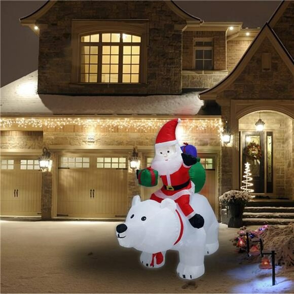 6ft Christmas Inflatable Santa Claus Riding a Polar Bear LED Light Up Decoration - Picture 1 of 6